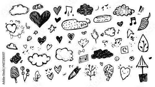 Hand-drawn doodles collection in black and white