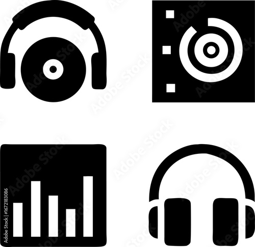 Modern music icons for streaming service promotion, podcast audio engineering and sound studio branding