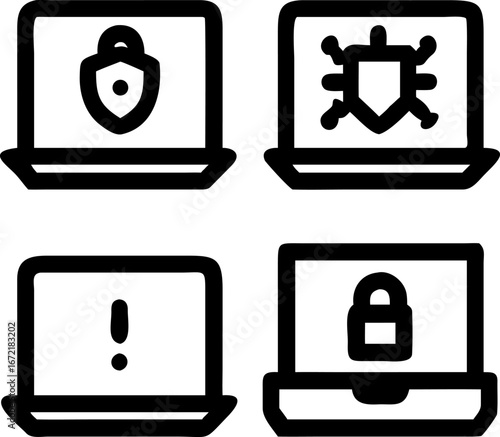 Cybersecurity threat protection on laptops shows digital security, alert, and encryption software icons