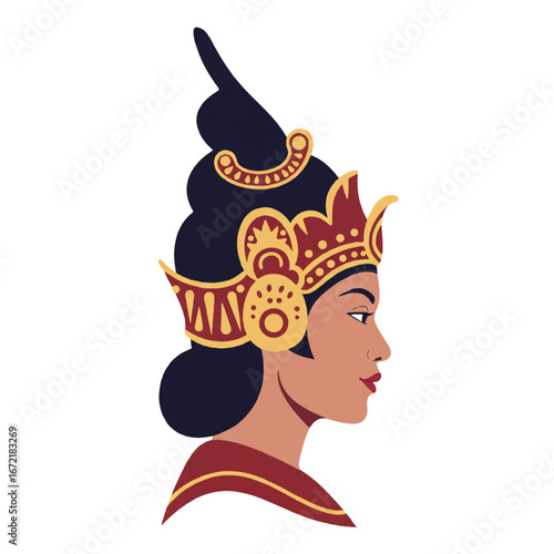 Balinese woman wearing traditional headdress looks elegant and serene in profile, showcasing cultural heritage and artistic expression.