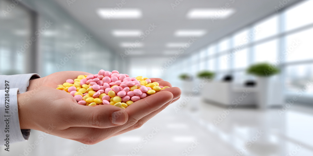 Obraz premium Colorful candy in hand held against a modern office backdrop illuminated by natural light