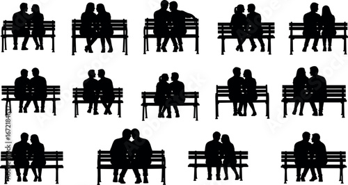 Diverse silhouettes of couples sitting on park benches in various intimate poses against a white background