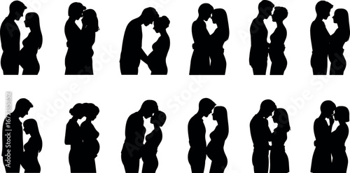 Collection of diverse romantic couple silhouettes showcasing intimate moments of affection and connection in various poses