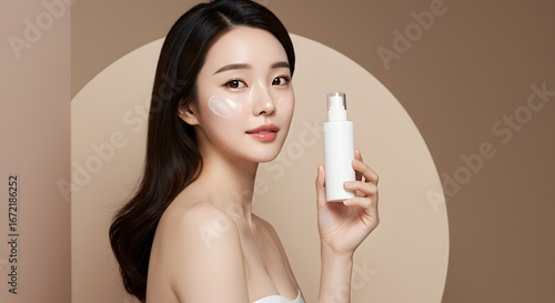 Asian Beauty: Woman with Cream, Skin Care Product