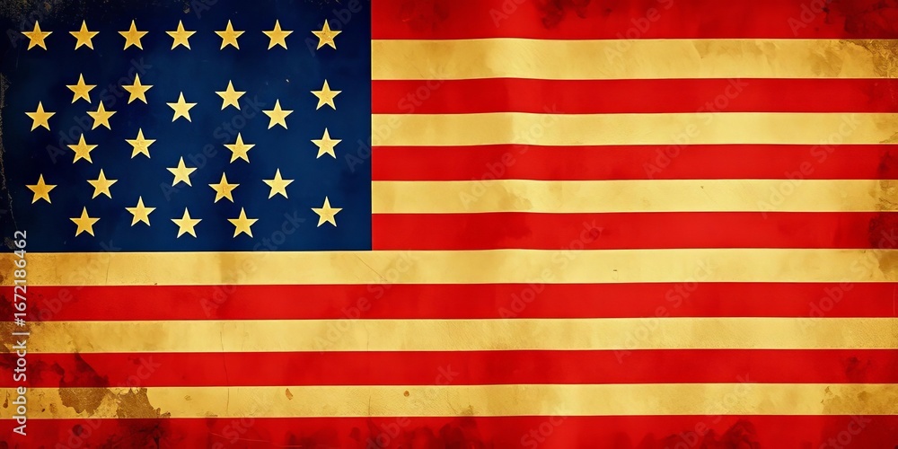 Naklejka premium Faded, distressed American flag with grunge texture and visible wear, antique, paint