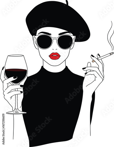 Fashion vector illustration of an elegant woman with a cigarette, a retro beauty silhouette with a flower in her hair
