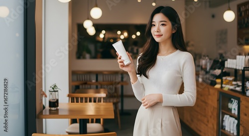 Asian Woman Holding Skincare Product in Cafe