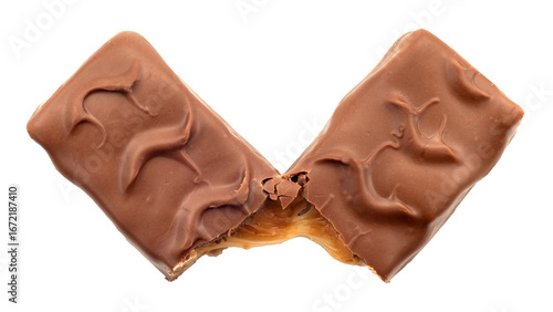 Bar with peanuts, hazelnuts, caramel and chocolate on a white background. View from above. Nut bar isolate. Sugar