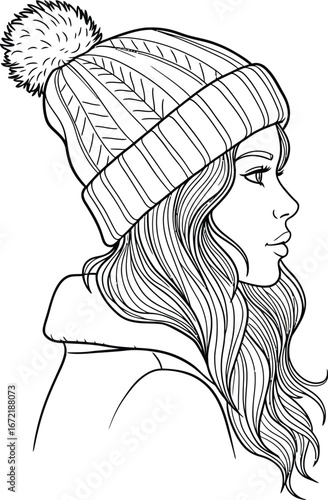 Drawing of a woman in a hat with long hair, her beautiful eyes and profile sketched in a modern fashion style