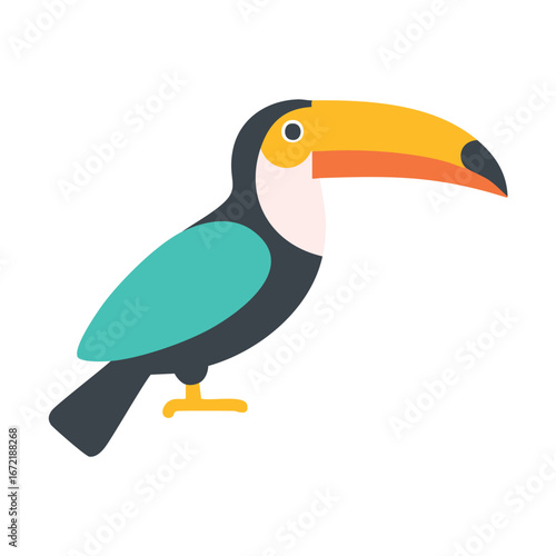 Colorful toucan bird with large beak and teal wing tropical animal