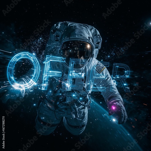 Astronaut floating in space with glowing blue digital data overlay