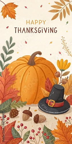 Festive Thanksgiving illustration with a pumpkin, autumn leaves, acorns, and a pilgrim hat, featuring the text 