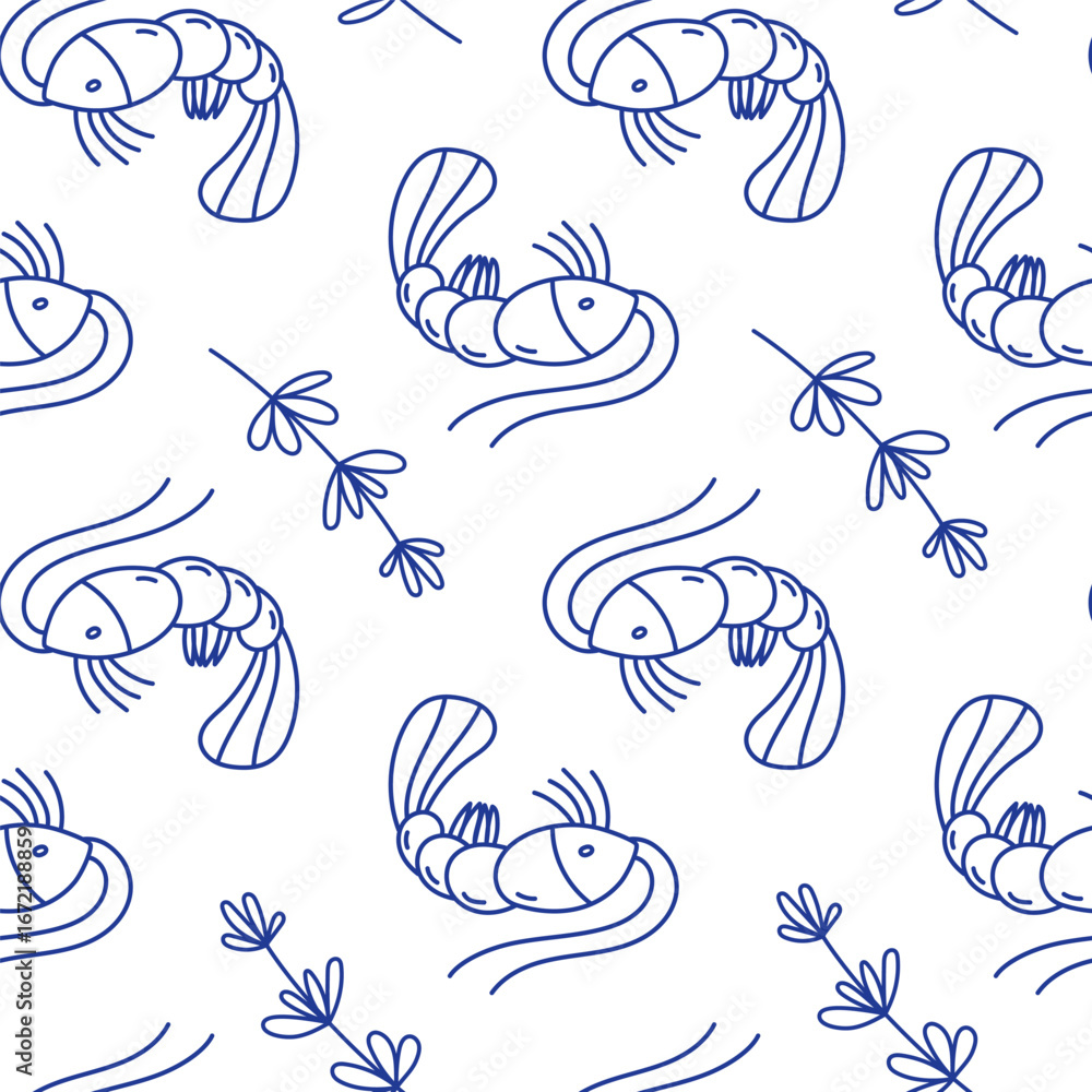 Obraz premium Two-Color Seamless Shrimp Pattern on White Background Mediterranean Cuisine Illustration