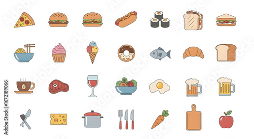 Modern Food and Beverage Icon Set: Essential Graphic Elements for Web, Mobile, and Print Design Projects