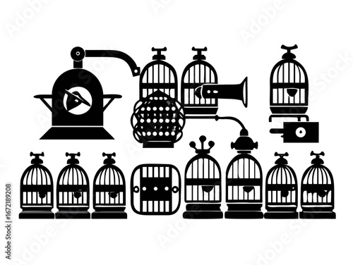 Illustration showing a collection of birdcages and a press machine in black and white vector format
