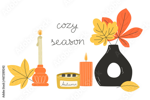 Vase with Autumn Leaves and Decorative Aromatic Candles Seasonal Fall Illustration