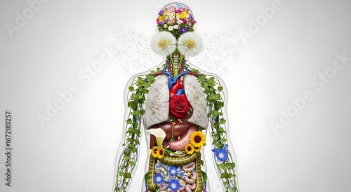 An intricate conceptual image depicting the human body beautifully intertwined with vibrant botanical elements, symbolizing natural vitality, holistic wellness, and the organic connection to life