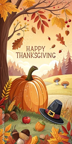 Festive Thanksgiving illustration with a pumpkin, autumn leaves, acorns, and a pilgrim hat, featuring the text 