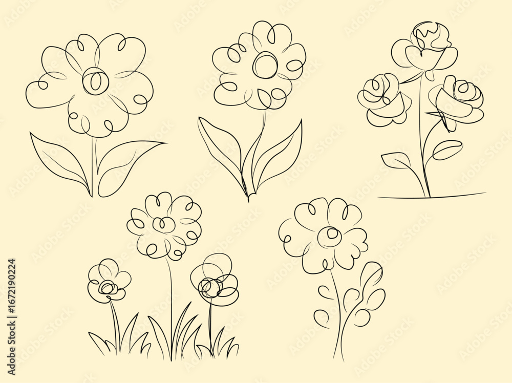 Fototapeta premium A seamless vector pattern with vintage floral elements, illustrations of roses, leaves, and other delicate plants