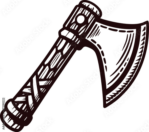 Hand drawn vintage hatchet with carved wooden handle and sharp blade, isolated on white background