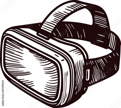 Hand drawn virtual reality headset isolated on white vintage engraved sketch of vr goggles with head strap