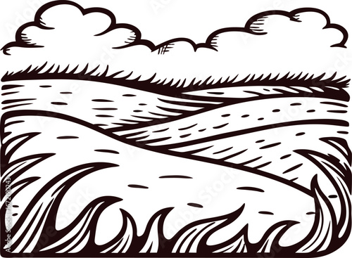 Hand drawn rolling hills landscape sketch with clouds and grass border in vintage engraved