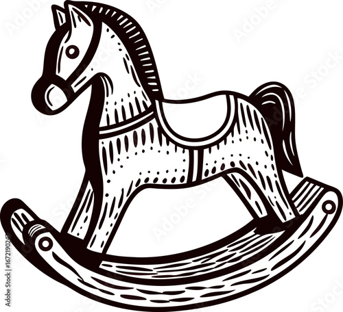 Vintage engraved drawing of a classic wooden rocking horse in profile view isolated on white background