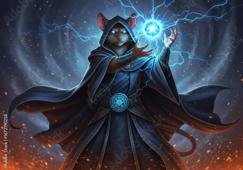 Anthropomorphic mouse wizard casting powerful blue energy spell