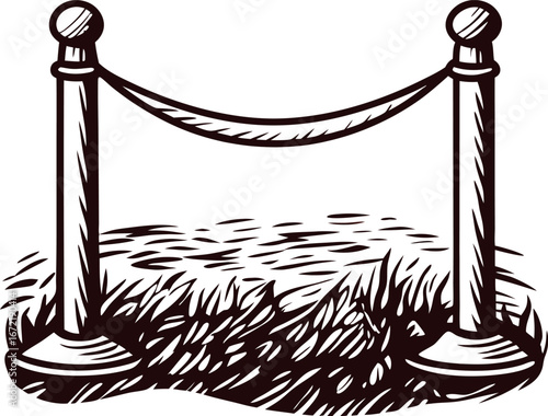 Hand drawn vintage rope barrier and stanchions on grass engraved sketch isolated illustration