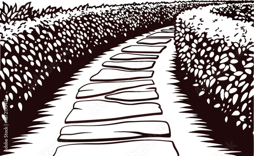Stone pathway winding through trimmed shrub hedges, stylized black and white illustration, garden landscape design