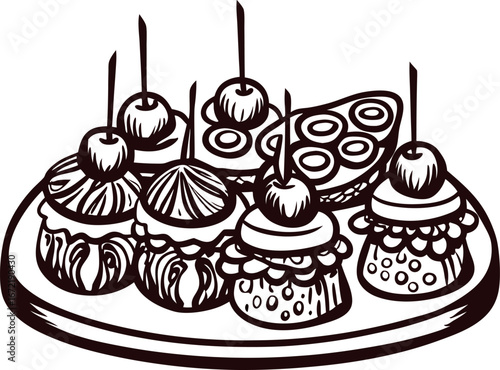 Decorative hand drawn appetizer and dessert platter with cupcakes, pastries, sweets, and cherries on round tray
