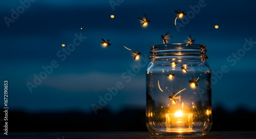Glowing fireflies emerge from a rustic glass jar, casting a magical light on a serene summer night, creating a captivating and enchanting spectacle
