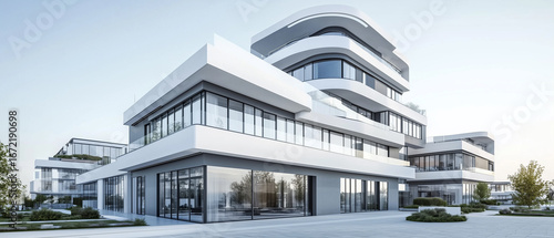 A photorealistic rendering of a multi-level modern building