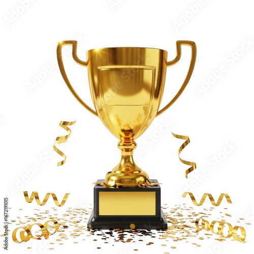 Golden trophy with confetti and ribbons isolated on transparent background