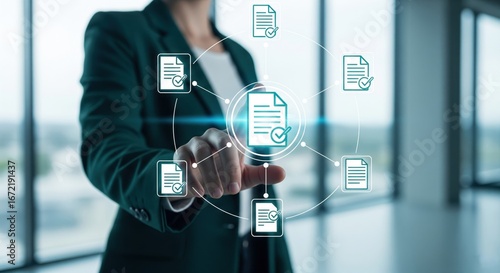 Wallpaper Mural A businesswoman taps on a glowing central document surrounded by six digital icons, document review, quality control process, quality assurance Torontodigital.ca