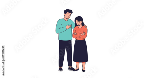 Two people standing together feeling uncomfortable and concerned about something unseen by the viewer