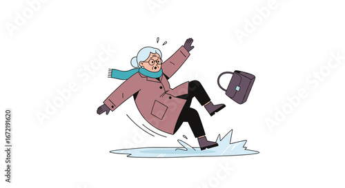 Elderly woman slips and falls on icy sidewalk during winter weather conditions