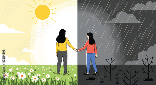 Two people holding hands representing the duality of life sunny day and rainy day with flowers and dead trees