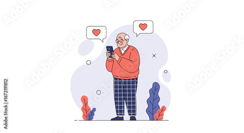 Elderly man enjoying social media on his smartphone with likes and hearts floating above