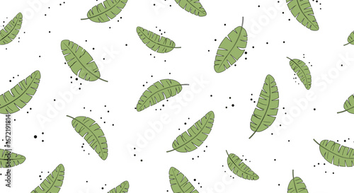 A repeating pattern of green banana leaves scattered across a white background with small dark speckles