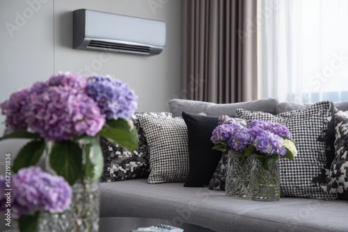 Cozy living room with hydrangeas and AC unit