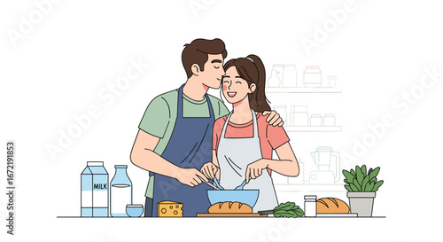 A loving couple cooking together in a cozy kitchen sharing a tender moment of togetherness and affection while preparing food