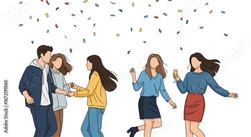 A group of friends enjoying a celebration with falling confetti under a clear white sky