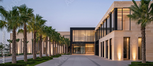 A serene and powerful image of contemporary architecture. The building's facade is a composition of jet-black framed windows and panels of beige travertine. The glass appears almost invisible