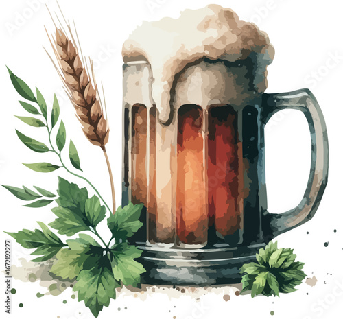 Watercolor illustration of a frothy beer mug with wheat and hops for brewery branding and promotional materials perfect for Oktoberfest celebrations and craft beer designs