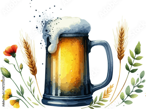 Watercolor Illustration of a Beer Mug with Wheat and Flowers Oktoberfest Celebration and Craft Beer Themes