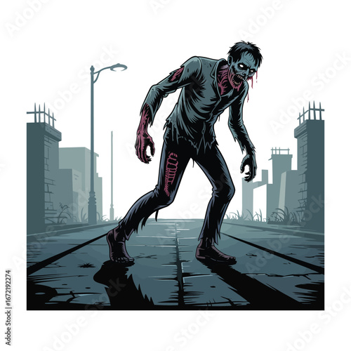 Undead Apocalypse Illustration Silhouette Walking on Cracked Road in Urban Landscape