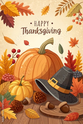 Festive Thanksgiving illustration with a pumpkin, autumn leaves, acorns, and a pilgrim hat, featuring the text 