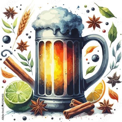 Festive watercolor beer mug with spices and citrus for seasonal celebrations and artisan brew promotions perfect for banners and social media