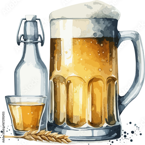 Craft Beer Still Life with Mug Bottle Shot Glass and Wheat for Brew Tasting and Enjoyment